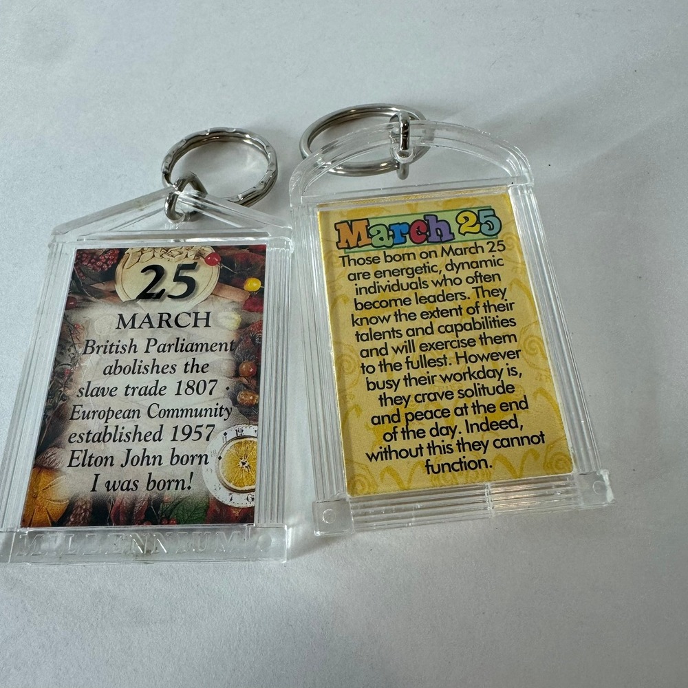 March 25‎ Birthday Keychain Millennium Clear Acrylic Collectible Set of 2